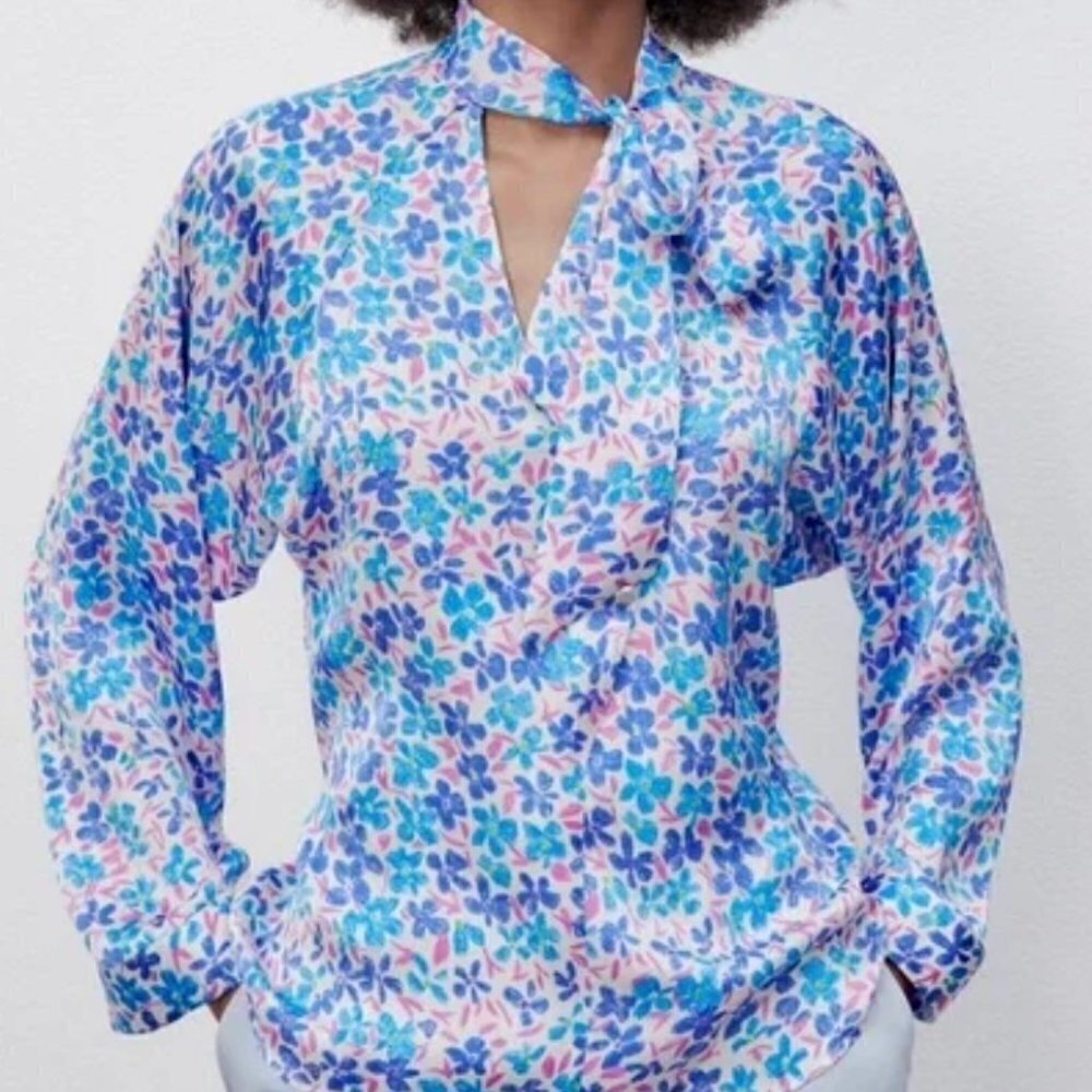Zara Painted Floral Blue Neck Bow Neckline Long Sleeve Blouse XS